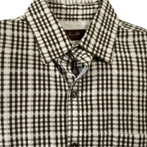 TASSO ELBA Fitted Button Front Long Sleeve Shirt, Brown Check Blue Accents Sz S